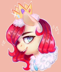 Size: 918x1080 | Tagged: safe, artist:jeffapegas, imported from derpibooru, oc, oc only, pony, bust, crown, jewelry, looking at you, regalia, simple background, smiling, solo