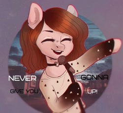 Size: 1876x1716 | Tagged: safe, artist:jeffapegas, imported from derpibooru, oc, oc only, pony, semi-anthro, bipedal, clothes, eyes closed, female, lyrics, mare, microphone, never gonna give you up, rick astley, rickroll, shirt, singing, smiling, solo, song reference