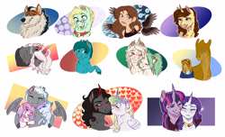 Size: 5100x3107 | Tagged: safe, artist:earthsong9405, imported from derpibooru, king sombra, rarity, twilight sparkle, oc, alicorn, dog, draconequus, dragon, human, pony, abstract background, alicorn oc, blushing, clothes, collar, commission, draconequus oc, female, floating wings, glasses, lesbian, nuzzling, rarilight, shipping, twilight sparkle (alicorn), unshorn fetlocks