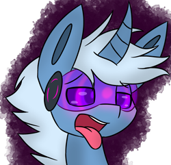 Size: 1937x1865 | Tagged: safe, artist:askhypnoswirl, imported from derpibooru, oc, oc only, pony, unicorn, bust, horn, hypnogear, mind control, open mouth, simple background, swirly eyes, tongue out, transparent background, unicorn oc, visor