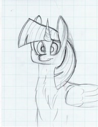 Size: 786x1016 | Tagged: safe, artist:kittyrinnaiko, imported from derpibooru, twilight sparkle, alicorn, chest fluff, female, graph paper, monochrome, solo, traditional art, twilight sparkle (alicorn)