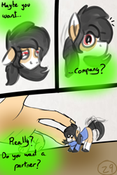 Size: 1000x1500 | Tagged: safe, artist:euspuche, imported from derpibooru, oc, oc only, oc:anon, oc:liliya krasnyy, comic:li'l pony, comic, face, hand, happy, looking at each other, sad, size difference