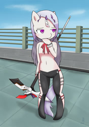 Size: 900x1280 | Tagged: safe, artist:zoxriver503, imported from derpibooru, pony, belly button, bipedal, bridge, closers, clothes, female, levia (closers), ponified, scythe, solo, weapon