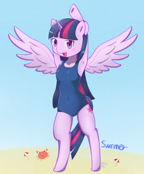 Size: 1000x1200 | Tagged: safe, artist:zoxriver503, imported from derpibooru, twilight sparkle, alicorn, crab, semi-anthro, arm behind head, armpits, beach, bipedal, clothes, female, one-piece swimsuit, solo, stretching, summer, swimsuit, twilight sparkle (alicorn)