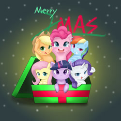 Size: 1600x1600 | Tagged: safe, artist:zoxriver503, imported from derpibooru, applejack, fluttershy, pinkie pie, rainbow dash, rarity, twilight sparkle, pony, box, christmas, holiday, mane six, pony in a box, present