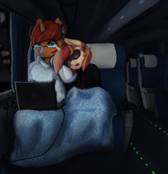 Size: 1024x1058 | Tagged: safe, artist:penny-wren, imported from derpibooru, oc, oc only, oc:penny wren, oc:windston blast, pony, amtrak, blanket, computer, cuddling, glasses, laptop computer, seat, seats, sleep mask, sleeping, train, window