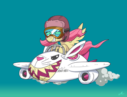 Size: 7600x5782 | Tagged: safe, artist:docwario, imported from derpibooru, angel bunny, fluttershy, pegasus, pony, absurd resolution, aviator goggles, aviator hat, curtiss-wright corporation, fighter pilot, flying, goggles, grin, hat, inanimate tf, jet, jet fighter, p-40 warhawk, pilot, plane, sky, smiling, smoke, transformation