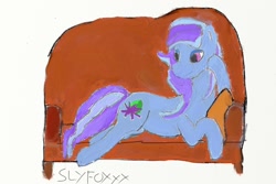 Size: 960x640 | Tagged: safe, artist:slyfoxxx, imported from derpibooru, oc, oc only, oc:peppermint crunch, couch, draw me like one of your french girls, female, mare