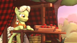 Size: 1920x1080 | Tagged: safe, artist:neondion60, imported from derpibooru, granny smith, pony, 3d, apple, basket, female, food, solo, source filmmaker, tent, young granny smith, younger