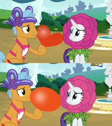 Size: 768x864 | Tagged: safe, imported from derpibooru, screencap, rarity, twisty pop, forever filly, anti-romance, balloon, censorship, comparison, flower costume, flowerity, heart, heart balloon, official censorship, spacetoon, united arab emirates, wat, why