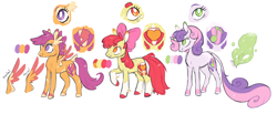 Size: 2498x1030 | Tagged: safe, artist:xenon, imported from derpibooru, apple bloom, scootaloo, sweetie belle, classical unicorn, earth pony, pegasus, pony, unicorn, alternate cutie mark, alternate design, chest fluff, cloven hooves, coat markings, colored hooves, colored wings, colored wingtips, cutie mark, cutie mark crusaders, extra fluffy, female, filly, glowing horn, leonine tail, magic, redesign, simple background, socks (coat marking), socks (coat markings), tail feathers, the cmc's cutie marks, unshorn fetlocks, white background