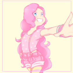 Size: 2000x2000 | Tagged: safe, artist:biscuitloveskitty, imported from derpibooru, pinkie pie, human, clothes, female, hot pants, humanized, smiling, socks, solo, striped socks, suspenders