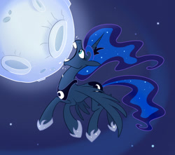 Size: 905x800 | Tagged: safe, artist:seanica, imported from derpibooru, princess luna, alicorn, pony, biting, edible heavenly object, female, flying, jewelry, majestic as fuck, mare, moon, mouth hold, night, nom, open mouth, regalia, sky, solo, space, spread wings, tangible heavenly object, wat, wide eyes, wings