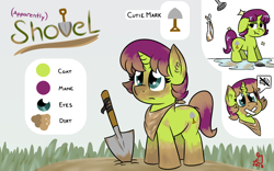 Size: 1200x750 | Tagged: safe, artist:glimglam, imported from derpibooru, oc, oc only, oc:apparently shovel, :t, bandana, cute, dirt, dirty, ear fluff, female, filly, mute, ocbetes, reference sheet, shower, tape