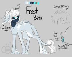 Size: 3000x2381 | Tagged: safe, artist:ohhoneybee, imported from derpibooru, oc, oc only, oc:frost bite, earth pony, pony, big ears, fangs, feather, female, high res, huge ears, mare, reference sheet, solo