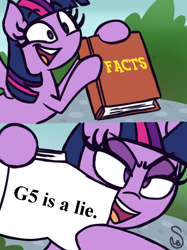 Size: 760x1015 | Tagged: safe, artist:quarium edits, edit, imported from derpibooru, twilight sparkle, alicorn, pony, leak, book, ed edd n eddy, exploitable meme, female, glare, hilarious in hindsight, meme, smiling, solo, twilight sparkle (alicorn), twilight's fact book, wrong