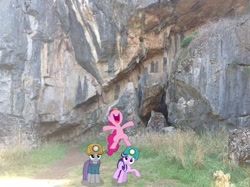 Size: 1024x765 | Tagged: safe, artist:didgereethebrony, imported from derpibooru, maud pie, pinkie pie, starlight glimmer, australia, borenore caves, cave, didgeree collection, helmet, irl, mining helmet, mlp in australia, photo, ponies in real life, vector