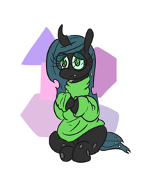 Size: 426x507 | Tagged: safe, artist:jargon scott, imported from derpibooru, queen chrysalis, changeling, changeling queen, adorkable, clothes, cute, cutealis, dork, dorkalis, female, glasses, sitting, solo, sweater