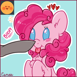 Size: 512x512 | Tagged: safe, artist:esmeia, imported from derpibooru, pinkie pie, earth pony, pony, beady eyes, blush sticker, blushing, boop, bust, cheek fluff, chest fluff, cute, diapinkes, ear fluff, emoji, emoticon, female, fluffy, leg fluff, mare, offscreen character, simple background, solo, solo focus, tongue out