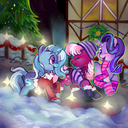 Size: 800x800 | Tagged: safe, artist:blynxee, imported from derpibooru, cheerilee, starlight glimmer, trixie, earth pony, pony, unicorn, boots, christmas, christmas tree, clothes, eyes closed, female, hearth's warming, holiday, mare, one eye closed, scarf, shoes, smiling, snow, tree, walking, winter