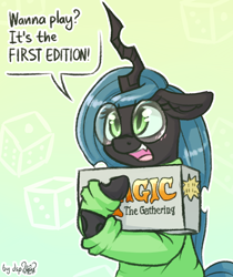 Size: 1344x1600 | Tagged: safe, artist:dsp2003, imported from derpibooru, queen chrysalis, changeling, adorkable, alpha edition, blushing, card game, clothes, cute, cutealis, dialogue, dork, dorkalis, female, floppy ears, glasses, happy, loss (meme), magic the gathering, mare, meganekko, open mouth, smiling, solo
