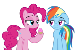 Size: 6458x4204 | Tagged: safe, artist:kuren247, imported from derpibooru, pinkie pie, rainbow dash, absurd resolution, cupcake, duo, floppy ears, food, simple background, transparent background, unamused, vector