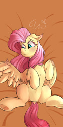 Size: 1181x2362 | Tagged: safe, artist:passigcamel, imported from derpibooru, fluttershy, pegasus, pony, blushing, female, head turn, looking away, looking sideways, mare, on back, one wing out, shy, solo, spread legs, spreading, turned head, underhoof