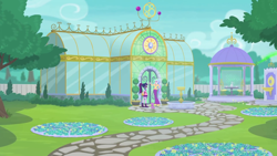 Size: 1920x1080 | Tagged: safe, imported from derpibooru, screencap, princess celestia, sci-twi, spike, spike the regular dog, twilight sparkle, dog, equestria girls, equestria girls series, my little shop of horrors, celestia's house, gazebo, greenhouse, magic, principal celestia