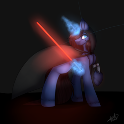 Size: 1000x1000 | Tagged: safe, artist:umiimou, imported from derpibooru, oc, oc only, pony, robot, robot pony, unicorn, cloak, clothes, female, lightsaber, magic, mare, solo, star wars, weapon