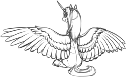 Size: 1024x620 | Tagged: safe, artist:mythpony, imported from derpibooru, oc, oc only, oc:myth, alicorn, pony, alicornified, female, mare, monochrome, race swap, sitting, sketch, solo, spread wings, wings