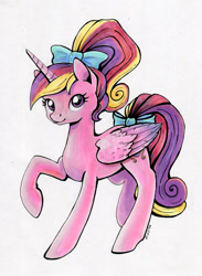 Size: 600x819 | Tagged: safe, artist:maytee, imported from derpibooru, princess cadance, alicorn, pony, bow, female, hair bow, mare, ponytail, raised hoof, simple background, smiling, solo, tail bow, teen princess cadance, traditional art, younger