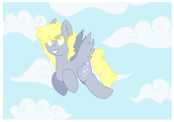 Size: 1024x715 | Tagged: safe, artist:lesleythehero, imported from derpibooru, derpy hooves, pegasus, pony, cloud, colored pupils, female, flying, ms paint, sky, smiling, solo