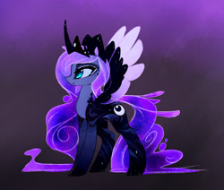 Size: 2326x1977 | Tagged: safe, artist:magnaluna, imported from derpibooru, princess luna, alicorn, pony, zefiros codex, alternate design, alternate universe, body markings, color porn, colored wings, colored wingtips, curved horn, ethereal mane, female, galaxy mane, majestic, mare, missing accessory, older, pale belly, purple background, simple background, slit eyes, slit pupils, solo, spread wings, wings