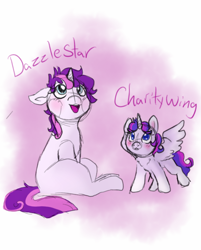 Size: 722x900 | Tagged: safe, artist:caruleanfox, imported from derpibooru, oc, oc only, oc:charity wing, oc:dazzle star, alicorn, pony, unicorn, alicorn oc, baby, baby pony, magical lesbian spawn, next generation, offspring, parent:rarity, parent:twilight sparkle, parents:rarilight, smiling