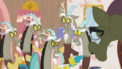 Size: 1280x720 | Tagged: safe, imported from derpibooru, screencap, discord, draconequus, discordant harmony, season 7, discord crew, fluttershy suit, male, multeity, self paradox