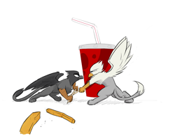 Size: 1280x996 | Tagged: safe, artist:captainhoers, artist:tinibirb, color edit, edit, imported from derpibooru, oc, oc only, oc:der, oc:vax, griffon, colored, duo, fight, food, french fries, male, micro, sketch, soda