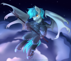 Size: 2575x2222 | Tagged: safe, artist:airiniblock, imported from derpibooru, oc, oc only, bat pony, pony, armor, bat pony oc, commission, flying, hoof hold, rcf community, solo, weapon