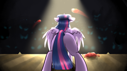 Size: 3840x2160 | Tagged: safe, artist:treblesketchofficial, imported from derpibooru, twilight sparkle, alicorn, butt, female, food, plot, solo, stage, tomato, twilight sparkle (alicorn)