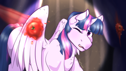 Size: 3840x2160 | Tagged: safe, artist:treblesketchofficial, imported from derpibooru, twilight sparkle, alicorn, female, food, one eye closed, solo, stage, tomato, twilight sparkle (alicorn)