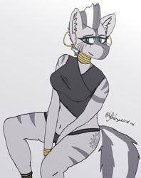 Size: 1024x1292 | Tagged: safe, artist:itzdatag0ndray, imported from derpibooru, zecora, anthro, zebra, clothes, ear fluff, female, looking at you, simple background, smiling, solo, underwear