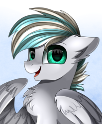 Size: 1443x1764 | Tagged: safe, artist:pridark, imported from derpibooru, oc, oc only, oc:angel, pegasus, pony, commission, looking at you, male, open mouth, simple background, smiling, solo, stallion, white background