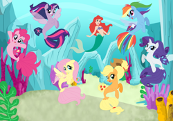 Size: 2111x1467 | Tagged: safe, artist:magpie-pony, artist:selenaede, artist:user15432, imported from derpibooru, applejack, fluttershy, pinkie pie, rainbow dash, rarity, twilight sparkle, alicorn, mermaid, seapony (g4), my little pony: the movie, spoiler:my little pony the movie, ariel, base used, crossover, disney, disney princess, fin wings, fins, mane six, ocean, sea ponies, seaponified, seapony applejack, seapony fluttershy, seapony pinkie pie, seapony rainbow dash, seapony rarity, seapony twilight, species swap, swimming, that pony sure does love being a seapony, the little mermaid, twilight sparkle (alicorn), under the sea, underwater, watershy