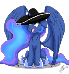 Size: 3214x3450 | Tagged: safe, artist:nexcoyotlgt, imported from derpibooru, princess luna, alicorn, cute, female, happy, horn impalement, large wings, looking up, mare, mariachi hat, simple background, smiling, solo, spread wings, transparent background, wings