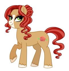 Size: 885x912 | Tagged: safe, artist:cascayd, imported from derpibooru, oc, oc only, oc:scarlett rose, earth pony, pony, blaze (coat marking), coat markings, crack ship offspring, facial markings, female, mare, next generation, parent:cherry jubilee, parent:trouble shoes, parent:troubleshoes clyde, parents:cherryshoes, raised hoof, simple background, solo, white background