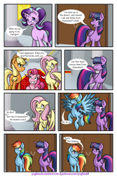 Size: 1200x1800 | Tagged: safe, artist:yogfan, imported from derpibooru, applejack, fluttershy, pinkie pie, rainbow dash, rarity, starlight glimmer, twilight sparkle, alicorn, pony, comic:but i do now, comic, crossover, exclamation point, mane six, the legend of zelda, twilight sparkle (alicorn)