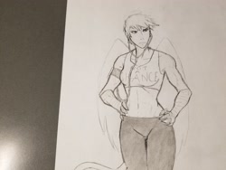 Size: 4032x3024 | Tagged: safe, artist:dj-black-n-white, imported from derpibooru, oc, oc only, oc:alex, satyr, clothes, headphones, offspring, pants, parent:gilda, sweatpants, traditional art