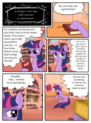 Size: 850x1150 | Tagged: safe, artist:leffenkitty, imported from derpibooru, twilight sparkle, pony, comic:prospect of tranquility, book, comic, female, golden oaks library, magic, solo, telekinesis