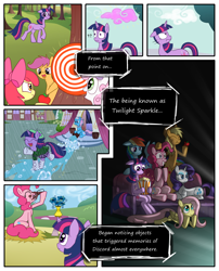 Size: 1250x1550 | Tagged: safe, artist:leffenkitty, imported from derpibooru, apple bloom, applejack, fluttershy, lotus blossom, pinkie pie, rainbow dash, rarity, scootaloo, sweetie belle, twilight sparkle, pony, comic:prospect of tranquility, chocolate, chocolate milk, comic, cutie mark crusaders, mane six, milk