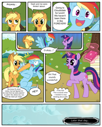 Size: 1250x1550 | Tagged: safe, artist:leffenkitty, imported from derpibooru, applejack, rainbow dash, twilight sparkle, pony, comic:prospect of tranquility, comic, magic, telekinesis