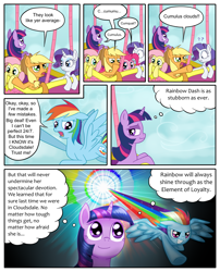 Size: 1250x1550 | Tagged: safe, artist:leffenkitty, imported from derpibooru, applejack, fluttershy, pinkie pie, rainbow dash, rarity, twilight sparkle, pony, comic:prospect of tranquility, comic, hot air balloon, mane six, sonic rainboom, twinkling balloon